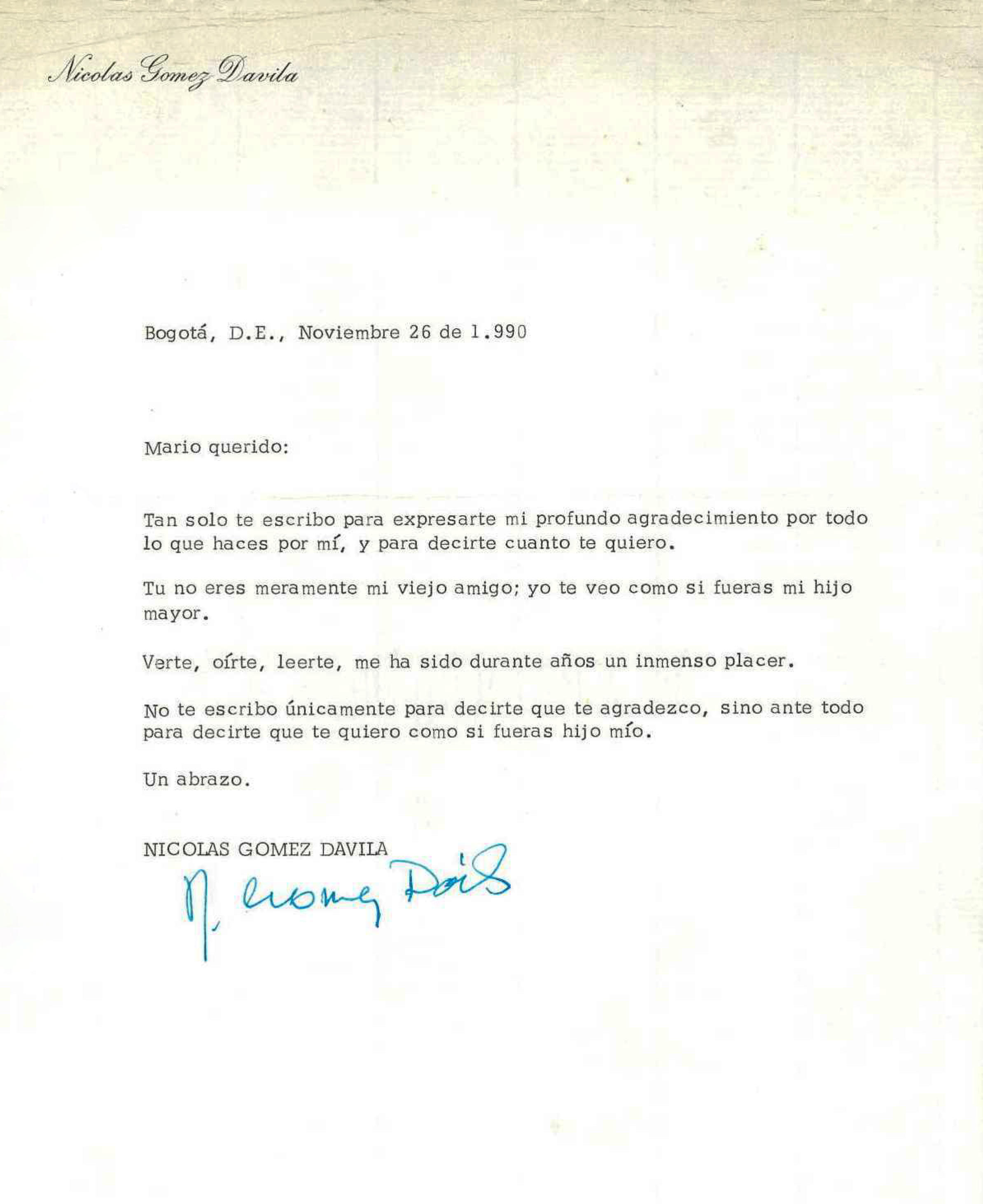 Carta de Nicolás Gómez Dávila a Mario Laserna, 26 de noviembre de 1990